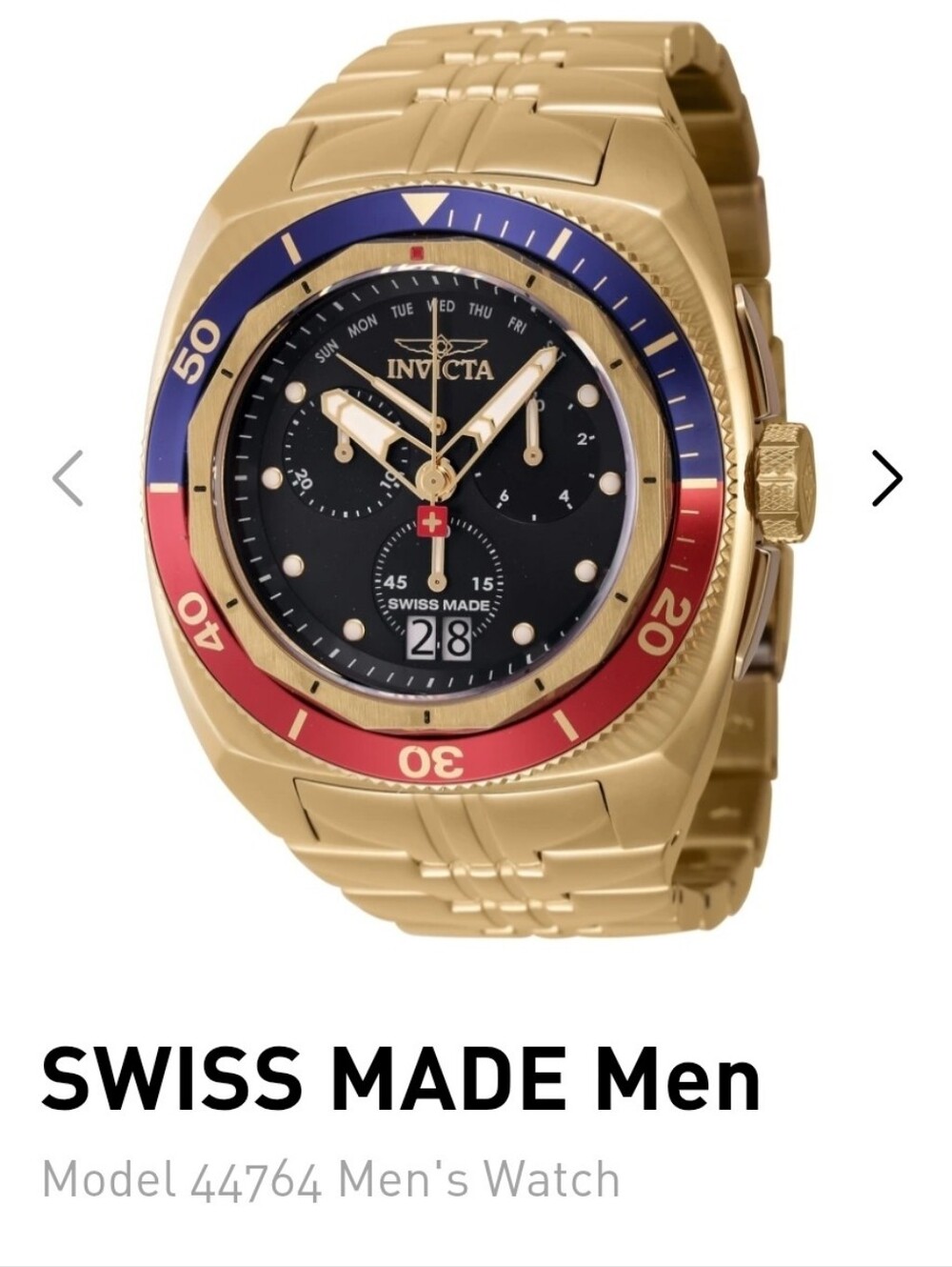 Invicta Swiss Made Men’s Gold Tone Chronograph Watch w/ Blue and Red Bezel 52mm
